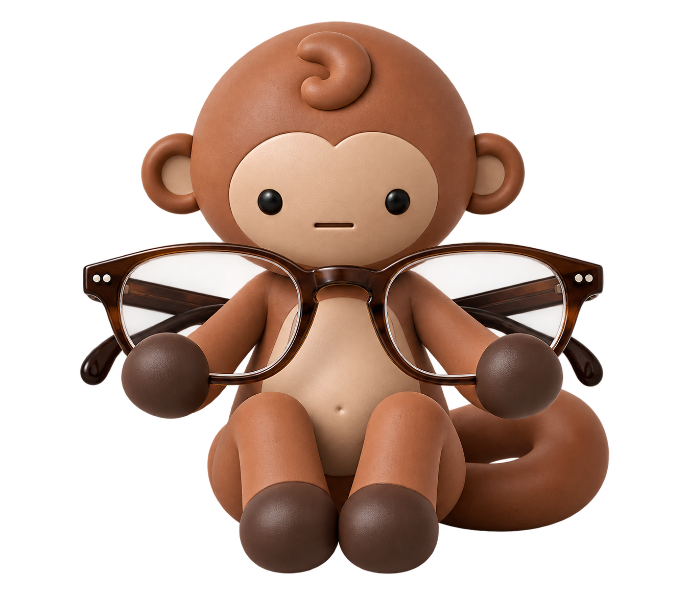 Minchi sitting and holding a pair of tortoiseshell eyeglasses in front of him with both hands.