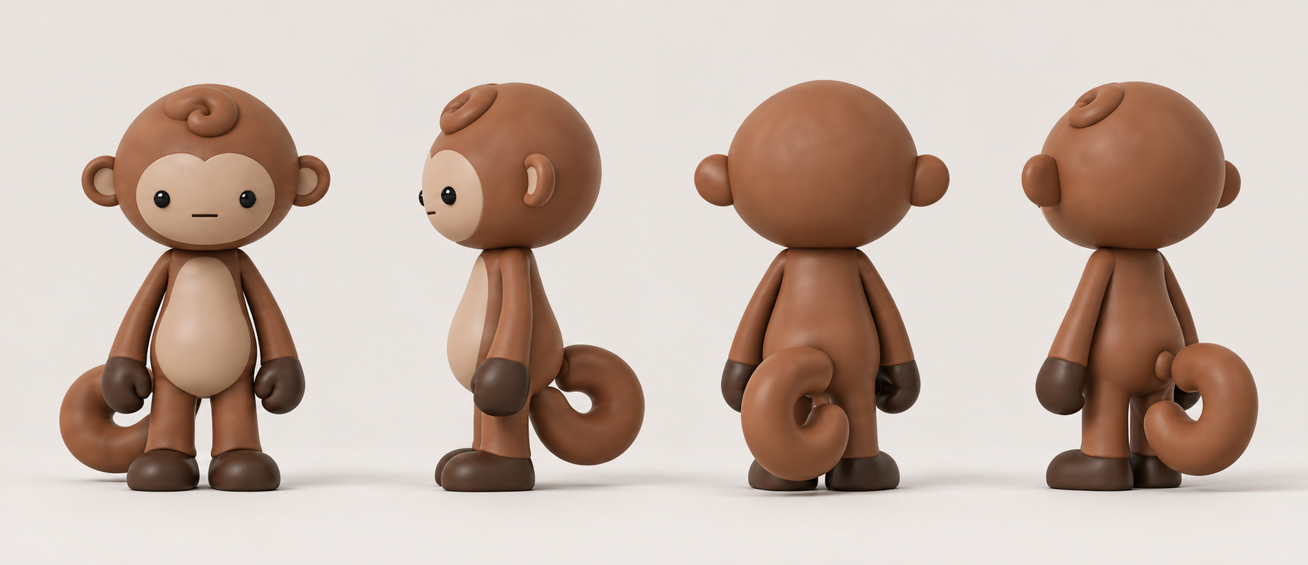 Four views of Minchi standing: front, side, back, and three-quarter back, showing his curled tail and the small swirl of hair on his head.