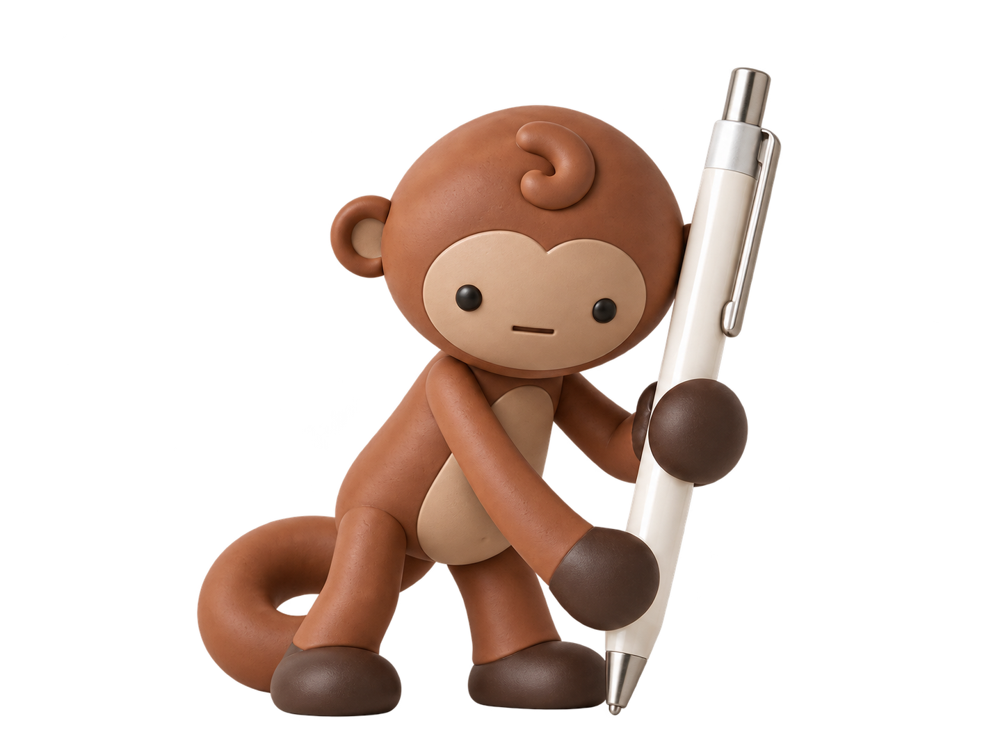 Minchi leaning on a white ballpoint pen, holding it upright with both hands.