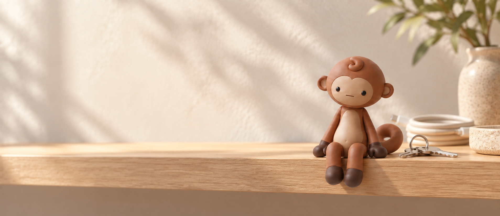 Minchi, a small chestnut-brown monkey figure with a sand-colored face, sits on the edge of a sunlit wooden shelf beside a set of keys, a coiled cable, and a potted plant.